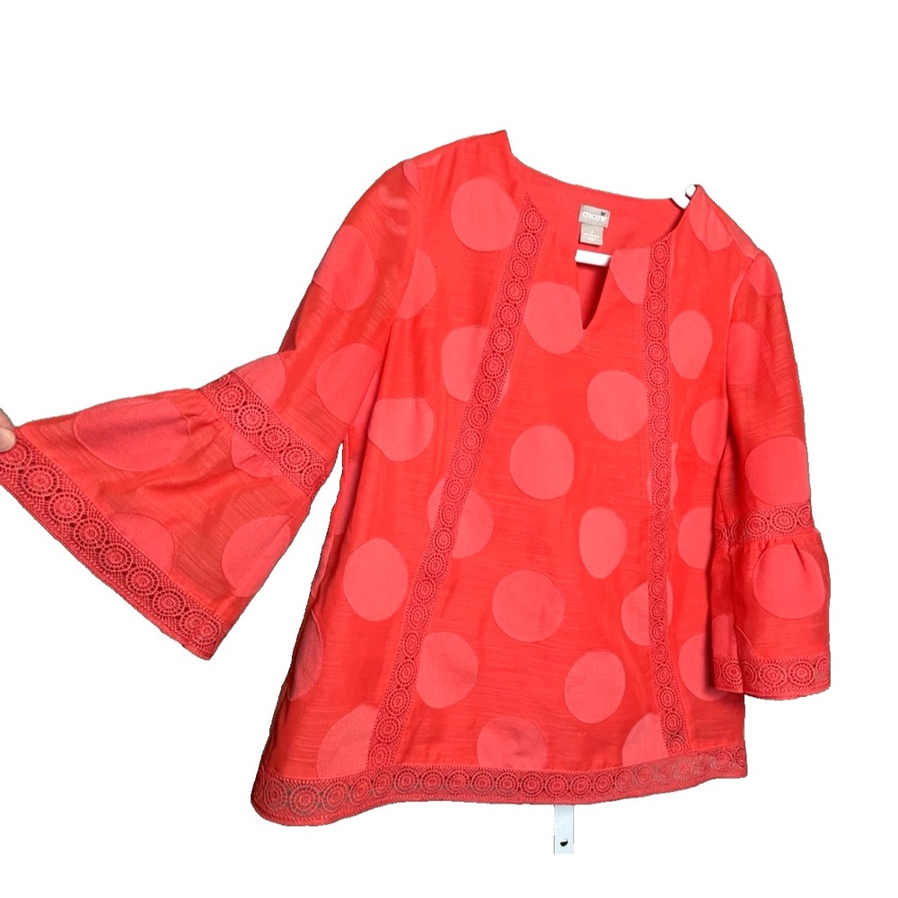 Chico's 1 Top Red Polka Dots Eyelet Lace Balloon Sleeve Shirt Medium‎ US 8-10